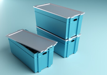 Storage boxes. Plastic boxes for personal belongings. Containers for storing things. Boxes with lids and handles. Storage systems. The containers are isolated on a blue background. 3d image
