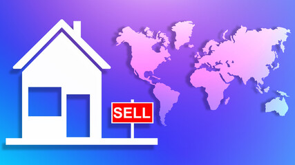 Sale of real estate. Sale of houses in different countries. An abstract house for sale. World map. Collage on the topic of real estate transactions. Blue background about the sale of houses.