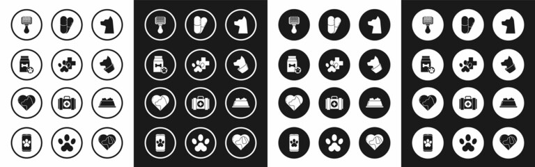 Set Cat, Veterinary clinic symbol, Bag of food for pet, Hair brush dog and cat, Dog pills, Pet bowl and Heart with icon. Vector