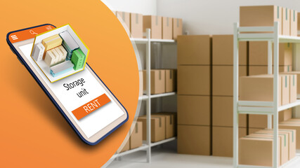 Storage unit rent using smartphone. Goods storage company app. A smartphone with a warehouse application on the background of shelves. Storage of things. Rent a warehouse. 3 d image