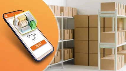 Foto op Plexiglas Storage unit rent using smartphone. Goods storage company app. A smartphone with a warehouse application on the background of shelves. Storage of things. Rent a warehouse. 3 d image © Grispb