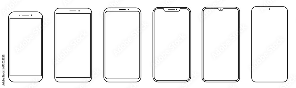 Poster Set high quality realistic trendy different black models smartphone with empty touch screen front view icon. Detailed line mockup smartphone sign, linear model mobile phone, ui, ux, front view.
