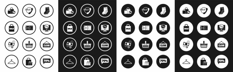 Set Socks, Gift box, Shoping bag with Sale, discount, Percent and monitor, Telephone 24 hours support, Hanging sign Closed and Money cash coin icon. Vector