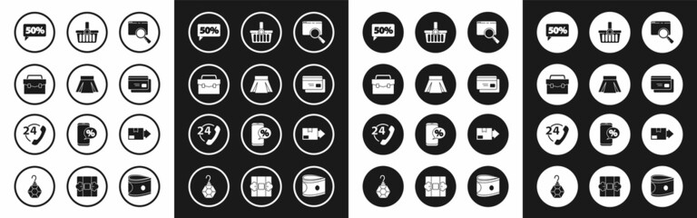 Set Search in a browser window, Skirt, Briefcase, Fifty discount percent tag, Credit card, Shopping basket, Carton cardboard box and Telephone 24 hours support icon. Vector