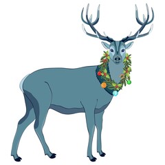 Christmas deer with wreath on the neck. Wreath of fir branches decorated with New Year's balls, creamy candy, gingerbread. For banners, flyers, posters, cards. Vector illustration on white background
