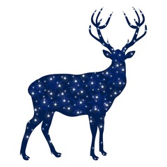 Merry Christmas, New Year. Dark blue silhouette of Christmas deer with snowflakes, bright shiny glare. Reindeer for banners, flyers, posters, cards. Vector illustration isolated on white background