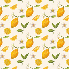 Lemons watercolor seamless pattern. Botanical wallpaper 