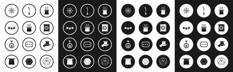 Set Magician hat and rabbit ears, Carnival garland with flags, Spider web, Ancient magic book, Witches broom, in hand and Unicycle or one wheel bicycle icon. Vector © Oksana