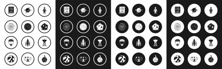 Set Astronaut, Planet Venus, Black hole, Book by astronomy, Satellites orbiting the planet Earth, dish and Space capsule and parachute icon. Vector