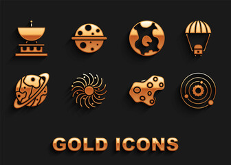 Set Black hole, Space capsule and parachute, Solar system, Asteroid, Planet Saturn, Earth globe, Satellite dish and icon. Vector