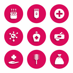 Set Bottle of liquid antibacterial soap, Hairbrush, Garbage bag, Bar, Cross hospital medical, Virus, and Cotton swab for ears icon. Vector