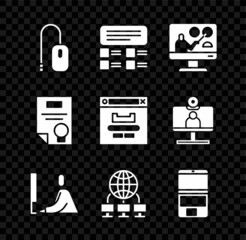 Set Computer mouse, Online quiz, test, survey, education, Student working laptop, network, Laptop, Certificate template and Browser window icon. Vector