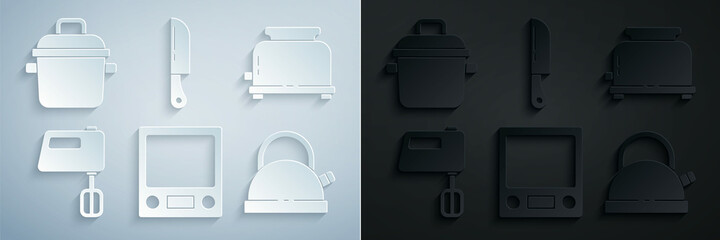 Set Electronic scales, Toaster, Electric mixer, Kettle with handle, Knife and Cooking pot icon. Vector