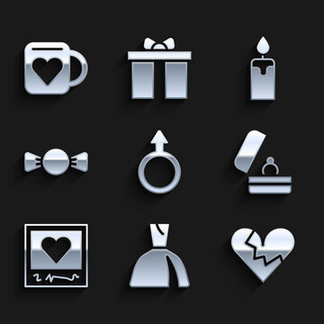 Set Male gender symbol, Woman dress, Broken heart or divorce, Wedding rings, Photo frames and hearts, Bow tie, Burning candle and Coffee cup icon. Vector