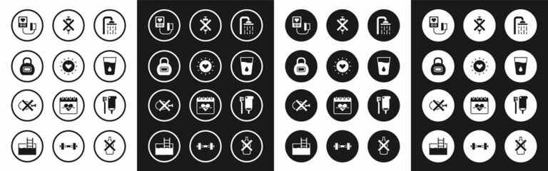 Set Shower head, Sun, Kettlebell, Blood pressure, Glass with water, No doping syringe, Toothbrush and toothpaste and meat icon. Vector