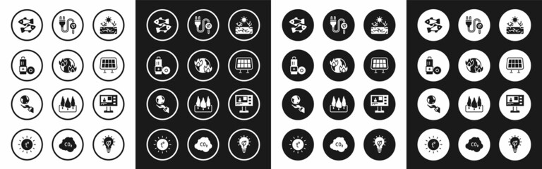 Set Drought, Global warming fire, Battery, Dead fish, Solar energy panel, Electric saving plug leaf, Television report and Hands holding Earth globe icon. Vector