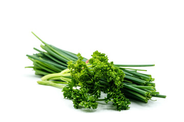 parsley and chives isolated on white background