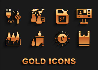 Set Full dustbin, Television report, Plastic bag, Sun, Forest, Bio fuel canister, Electric saving plug leaf and Smoke from factory icon. Vector