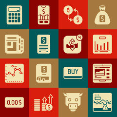 Set Failure stocks market, Trading courses, Pie chart infographic, Cryptocurrency exchange, Business finance report, Stock news, Calculator and Mobile trading icon. Vector