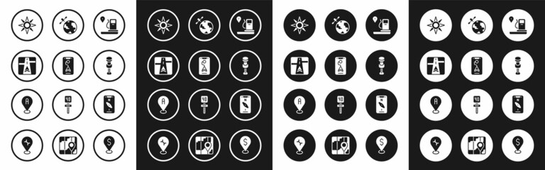Set Location and gas station, City map navigation, Gps device with, Wind rose, Push pin, Satellites orbiting the planet, Compass mobile and icon. Vector