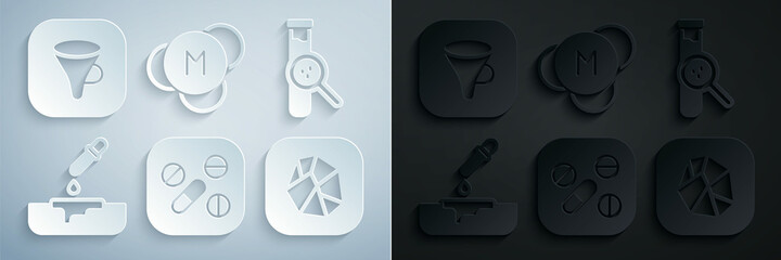 Set Medicine pill or tablet, Test tube and flask, Petri dish with pipette, Salt stone, Molecule and Funnel filter icon. Vector