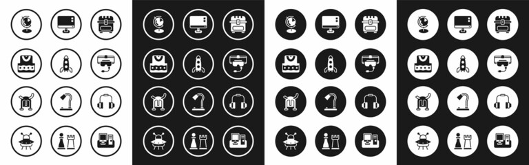 Fototapeta premium Set Antique treasure chest, Rocket ship, Waistcoat, Earth globe, Virtual reality glasses, Computer monitor screen, Headphones and Viking in horned helmet icon. Vector