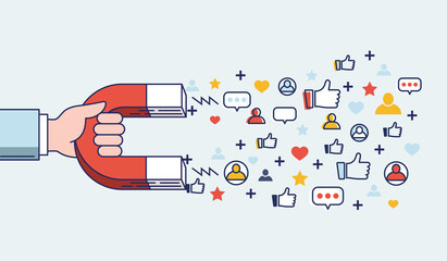 Magnet pulling followers, comments and likes. Positive feedback in social media concept. Social networks influencing and marketing concept. Vector illustration.