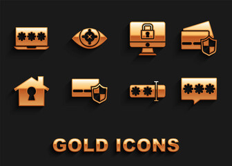 Set Credit card with shield, Password protection, House under, Lock monitor, Laptop password and Eye scan icon. Vector