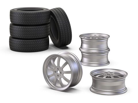 Set of car tires and rims isolated on white background. Advertising image for auto shop and tire service. 3D rendering