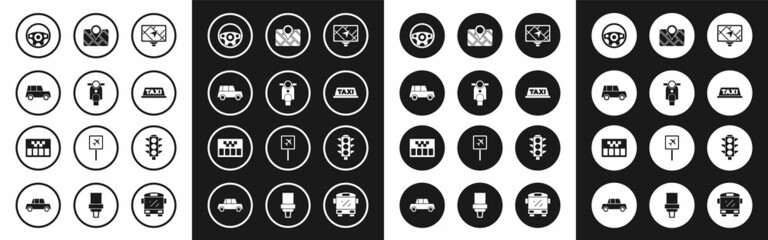 Set Gps device with map, Scooter, Car, Steering wheel, Taxi car roof, Traffic light and Taximeter icon. Vector