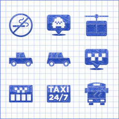 Set Car, Location with taxi, Bus, Taximeter, Cable car and No Smoking icon. Vector - obrazy, fototapety, plakaty