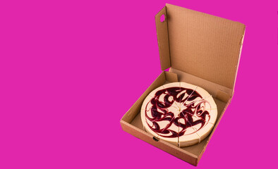 Fresh cheesecake in opened paper box, close up. Pink background, copy space 