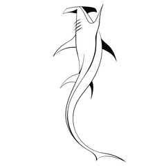 vector linear top silhouette illustration of hammerhead shark isolated on white background. useful for aquariums, aquariums, spearfishing, diving, underwater, logo, advertising, print, tattoo - obrazy, fototapety, plakaty