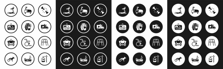 Set Human broken bone, Hearing aid, Identification badge, Treadmill machine, Emergency car, Hospital bed, Walker and Man without legs sitting wheelchair icon. Vector