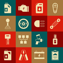 Set Car inspection, key with remote, Shock absorber, Canister for motor oil, Steering wheel, Gear shifter, and High beam icon. Vector