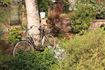 Ein altes Fahrrad steht an einem Baum in einem kleinen Park in Zell am Harmersbach im Schwarzwald