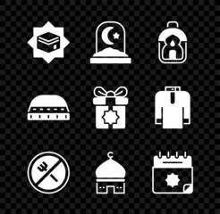 Set Kaaba mosque, Muslim cemetery, Ramadan Kareem lantern, fasting, Mosque, calendar, hat for prayer and Gift box icon. Vector