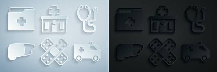 Fototapeta premium Set Crossed bandage plaster, Stethoscope, Human organ liver, Ambulance car, Hospital building and Patient record icon. Vector