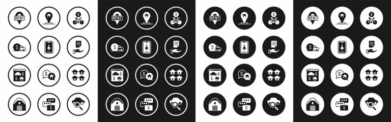 Set Bicycle rental mobile app, Online real estate, Car, Location key, House contract, house, Real and icon. Vector