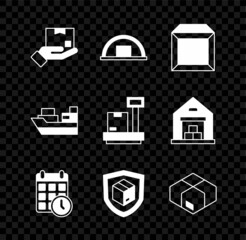 Set Delivery hand with box, Warehouse, Carton cardboard, Cardboard calendar, security shield, Cargo ship boxes delivery and Scale icon. Vector