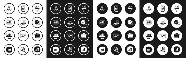 Set Sales funnel with chart, Financial growth, Laptop graph, Hierarchy organogram, Mobile stock trading, Coal mine trolley and Monitor icon. Vector