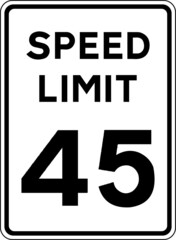 Speed limit 45 sign. Vehicles regulation. White on Black background. Traffic signs and symbols.