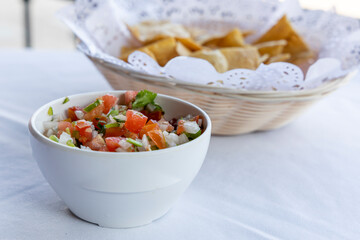 Closeup of Tomato Salsa and Tortilla Chips
