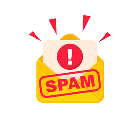 Spam email. Envelope with spam. Spam message. Warning and alert spam notification. Spamming mailbox. Virus, email fraud, e-mail spam concept. Vector Illustration.