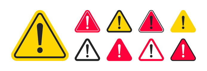 Warning and danger sign set. Attention sign with exclamation mark. Caution icon. Alert symbol. Vector illustration.