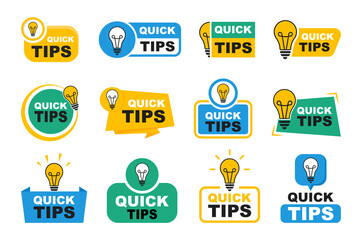 Quick tips badge set. Quick tips logo with light bulb. Top tips, helpful tricks, tooltip, advice and idea for business and advertising. Vector illustration.