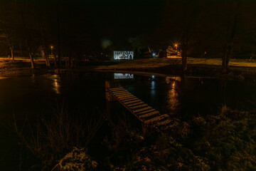 Dark snowy night in Stokov small village in west Bohemia