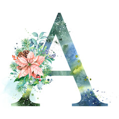 Watercolor Letter, Monogram A. Watercolor Design. Watercolor letter with Poinsettia.