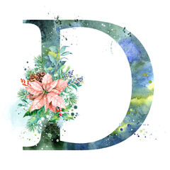 Watercolor Letter, Monogram D. Watercolor Design. Watercolor letter with Poinsettia.