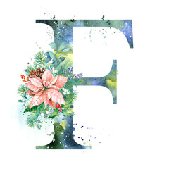 Watercolor Letter, Monogram F. Watercolor Design. Watercolor letter with Poinsettia.